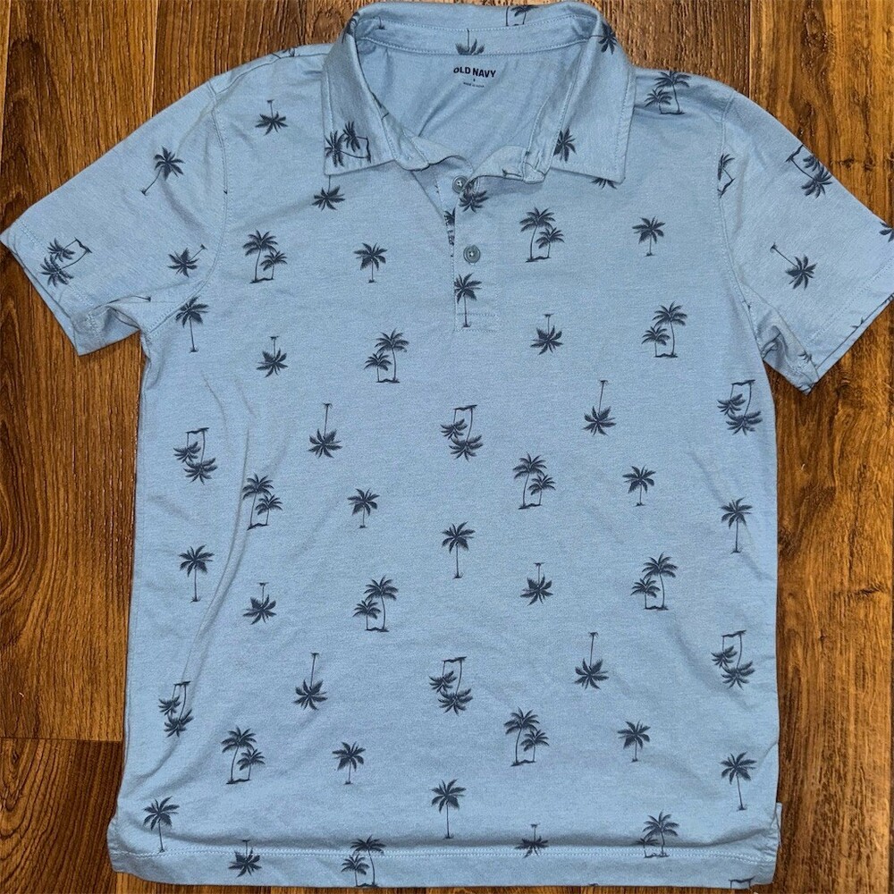 Old Navy Polo Shirt Mens Size M Blue Palm Tree Print Short Sleeve Golf